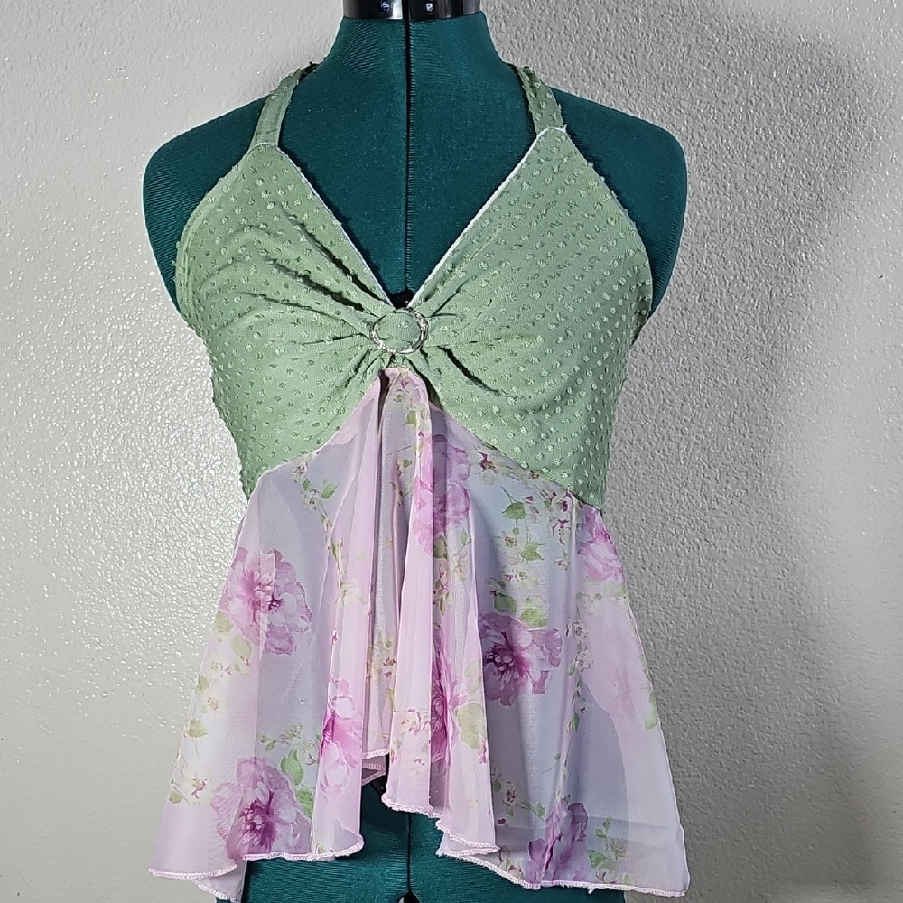 Floral Green and Pink Halter Top